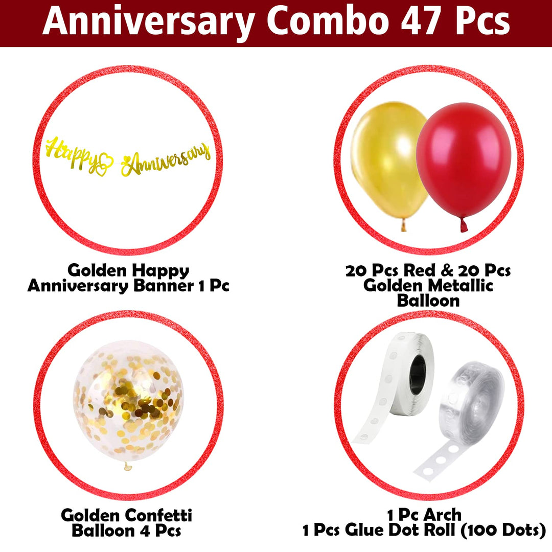 Party Propz Happy Anniversary Decoration Items Kit-47Pcs Red Happy Anniversary Balloons|Golden Happy Anniversary Banner|Wedding Anniversary Decoration Items For Couple,Boyfriend,Husband