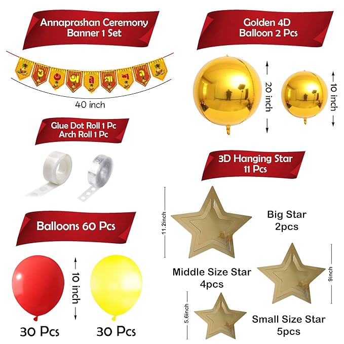 Party Propz Rice Ceremony Decorations Items - 76 Pcs Mukhe Bhaat Decoratio | Baby Annaprashan Decoration Items | Annaprashan Golden 4D Balloons | Baby Rice Ceremony Decorations | Annaprashan Banner