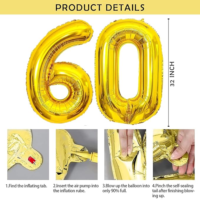 Party Propz Number 60 Foil Balloon - 32 Inch gold Foil Balloon for Birthday Decoration items | Anniversary Decoration items | Balloon Decoration | Number Balloons for Party