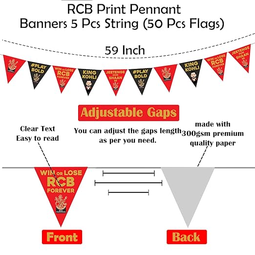 Party Propz Ipl Theme Decoration For RCB - 59 Pcs Royal Challengers Bangalore Theme Pennant Banner And Ipl Photo Booth Props | RCB Flag 2024 IPL | Bunting For Decoration | Paper Flags Decoration