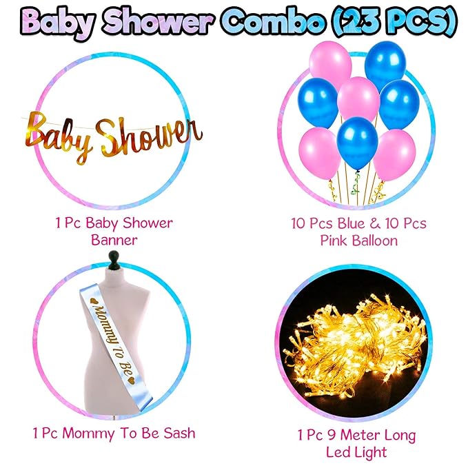 Party Propz Baby Shower Decorations Props Rubber Material Set-23Pcs Banner, Sash, Balloon and Fairy Led Light for , Balloons Baby Shower Mom to Be Photoshoot Materials Products Items Supplies