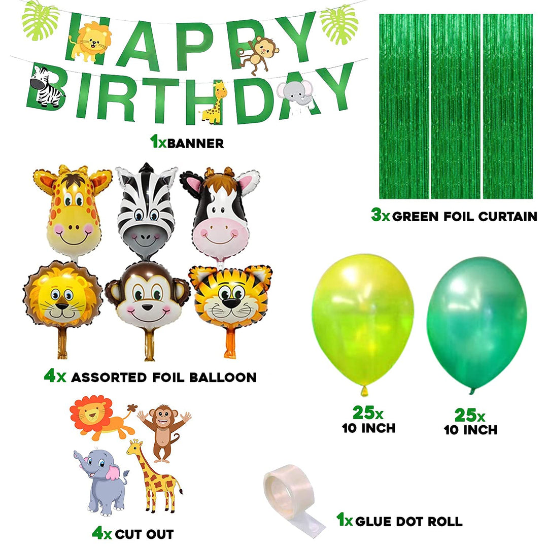 Party Propz Jungle Theme Birthday Decoration-63Pcs, Items For Girl,Boy|Animal Theme Birthday Party Decorations|Jungle Safari Theme Birthday Decoration With Banner(Cardstock)Metallic,Foil Balloons