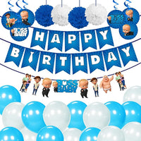 Party Propz Boss Baby Theme Decorations Combo Set - 39Pcs Happy Birthday Paper Banner, Blue White Metallic Balloons, Decorative Swirls, Pom Pom Set for Boys Bday Decorations Items Set/Kids Supplies