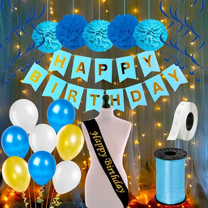 Party Propz Blue Birthday Decoration kit Combo Items - 48Pcs Set With Happy Bday Sash, Pom pom, Metallic Balloons, Birthday Paper Banner, Ribbon with Fairy Light For Kids, Girls, Woman