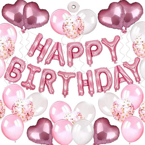 Party Propz Pink and White Happy Birthday Balloons Decorations-39Pcs with Foil Letters Balloon Banner (cardstock),Confetti and Latex Ballon Combo Items For Girls, Babies,Toddlers Half