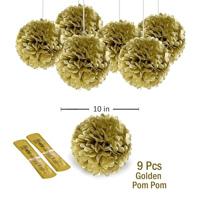 Party Propz Golden Paper Pom Pom 10" 9Pcs for Ceiling Hanging Decoration Home / 50 Birthday Parties / Golden Theme Decor