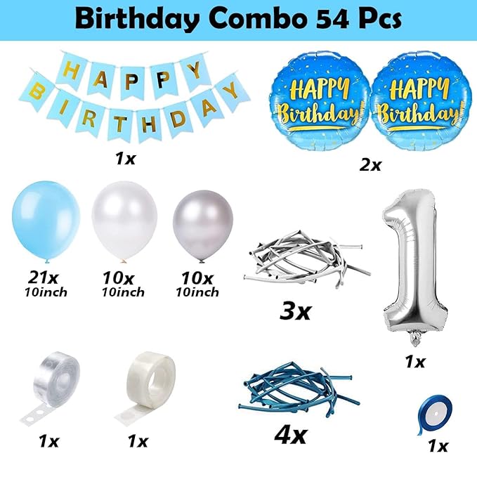 Party Propz 1st Birthday Decoration for Boys - 54 Pcs First Birthday Decorations Boy | One Year Birthday Decoration Items | Baby Boy 1st Birthday Decoration Items | First Birthday Decorations Items