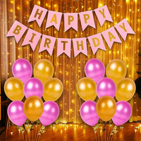 Party Propz Pink Happy Birthday Paper Banner Metallic Balloon With Led Fairy Light Decoration Items For Girls,Kids Bday Decorations Kit/Birtday Supplies/Lights Combo Pack Set/ Princess, First, 2nd, Cake Smash Theme