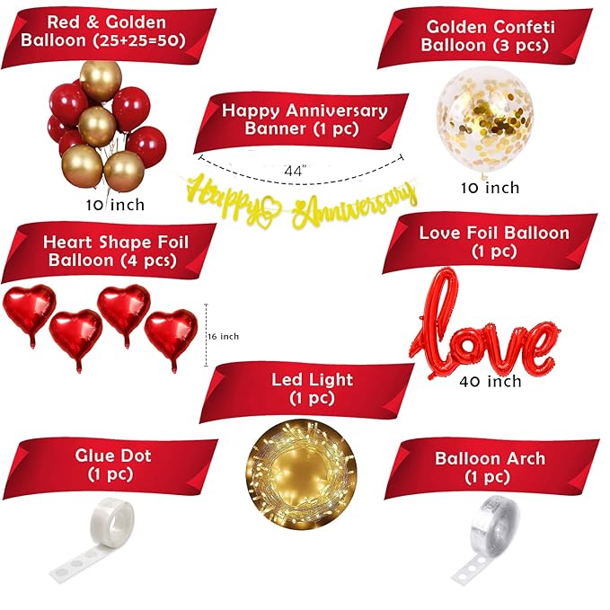 Party Propz Rubber Romantic Anniversary Decoration Items Kit - 62Pcs Wedding Anniversary Decoration Items|Golden Happy Anniversary Banner|Happy Anniversary Decoration|Happy Anniversary Balloons