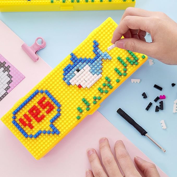 Party Propz Cute Pencil Box for Kids - Yellow Play Pencil Box for Kids | Building Blocks Pencil Box | Pencil Box for Girls for School | DIY Pencil Cases for Kids | School Stationery Box for Boys