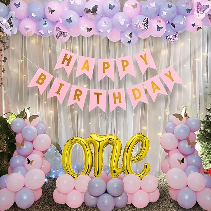 Party Propz 1St Birthday Decoration Items-69Pcs With Pink Happy Birthday Banner,Cardstock,Golden One Foil Balloon|Pink&Purple Balloons|3D Butterflies For Decoration|1St Birthday Decoration For Girls