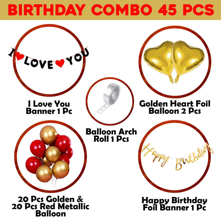 Party Propz Birthday Decoration Items-45 Pcs,Birthday Decortion Items For Husband,Wife|Happy Birthday Decorations For Girls,Boys|Red,Gold Metallic,Foil Balloons For Decoration Kit|Arch Tape,Banner