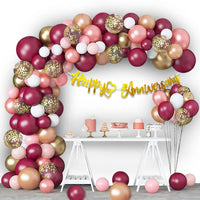 Party Propz Happy Anniversary Balloons for Decoration - 63Pcs Happy Anniversary Decoration Items Kit | Burgundy Balloons for Decoration nd Golden Cursive Banner