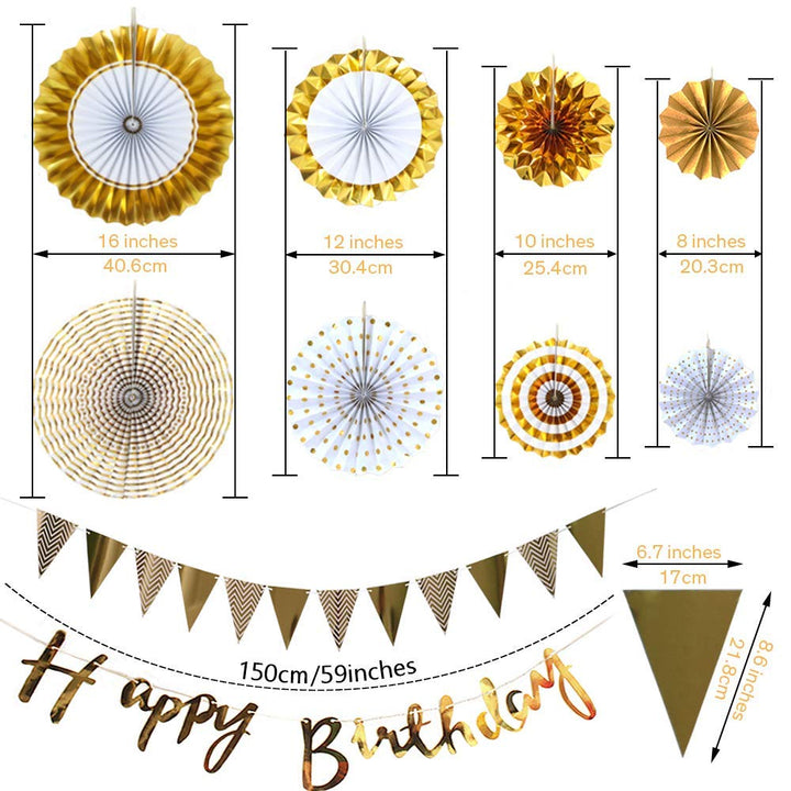 Party Propz Birthday Decoration Items For Husband,-10Pcs/ Gold Paper Fan Hanging Decorations Set with Gold Happy Birthday Banners and Pennant Banner for Bday Decorative Supplies Materials
