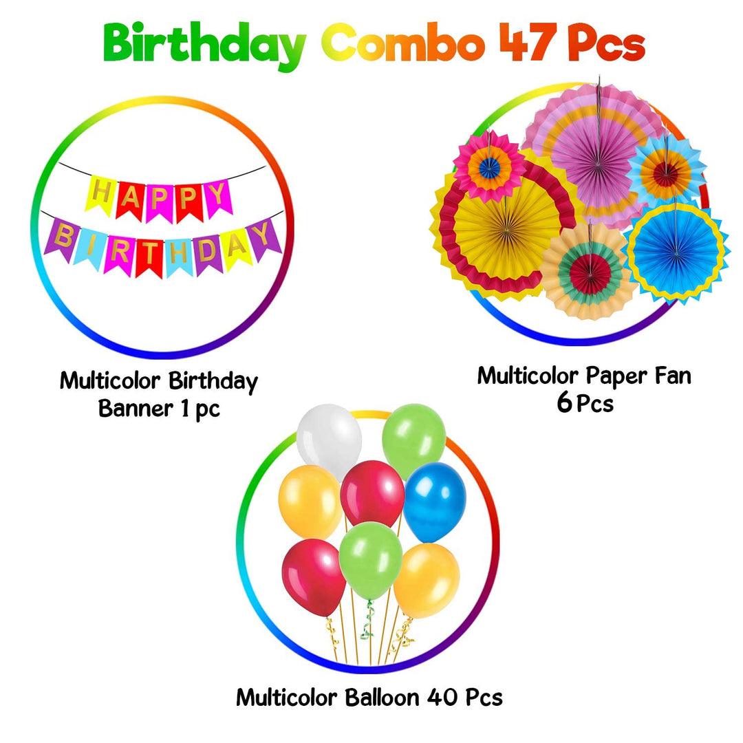 Party Propz Multicolour Birthday Decorations - 47 Pcs | Happy Birthday Decoration Items With Balloons, Paper Fans, Banners(Cardstock) | Birthday Decoration Kit For Boy, Girl | Birthday Decorations For Husband, Wife