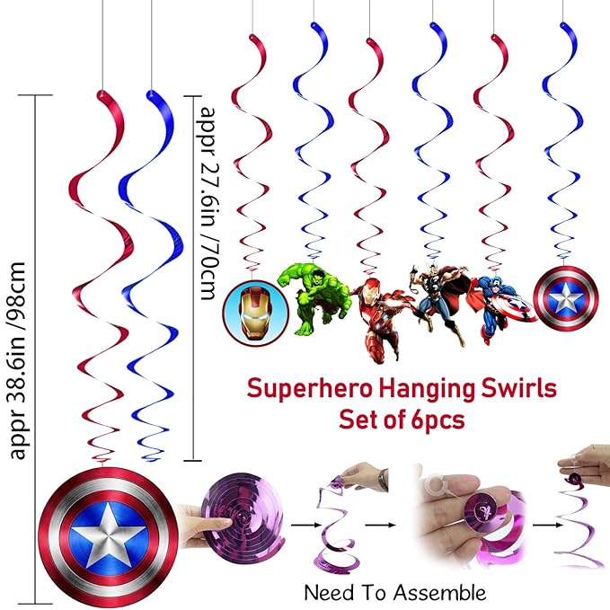 Party Propz Superhero Theme Birthday Decoration For Boys Swirls Hanging- 6pcs Superhero Theme Supplies / Birthday Decorations Kit For Boys