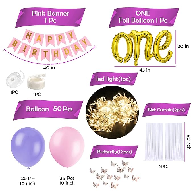 Party Propz 1St Birthday Decoration Items-69Pcs With Pink Happy Birthday Banner,Cardstock,Golden One Foil Balloon|Pink&Purple Balloons|3D Butterflies For Decoration|1St Birthday Decoration For Girls