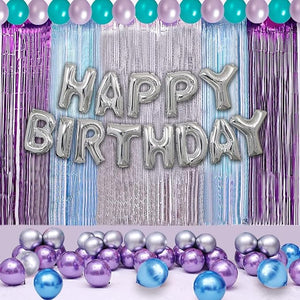 Party Propz Happy Birthday Decorations For Girls Kit - Silver Happy Birthday Foil Balloon, Blue Silver Purple Balloons 41Pcs For Birthday, Foil Curtain For Mermaid, Unicorn, Girls