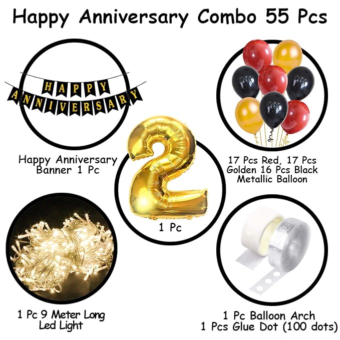 Party Propz 2nd Happy Anniversary Decoration Items with LED Light, Banner (Paper), Balloons, Arch, Glue Dot 55Pcs Set for 2nd Party Room Decoration Combo Set/Couple Wedding,Marriage Celebration
