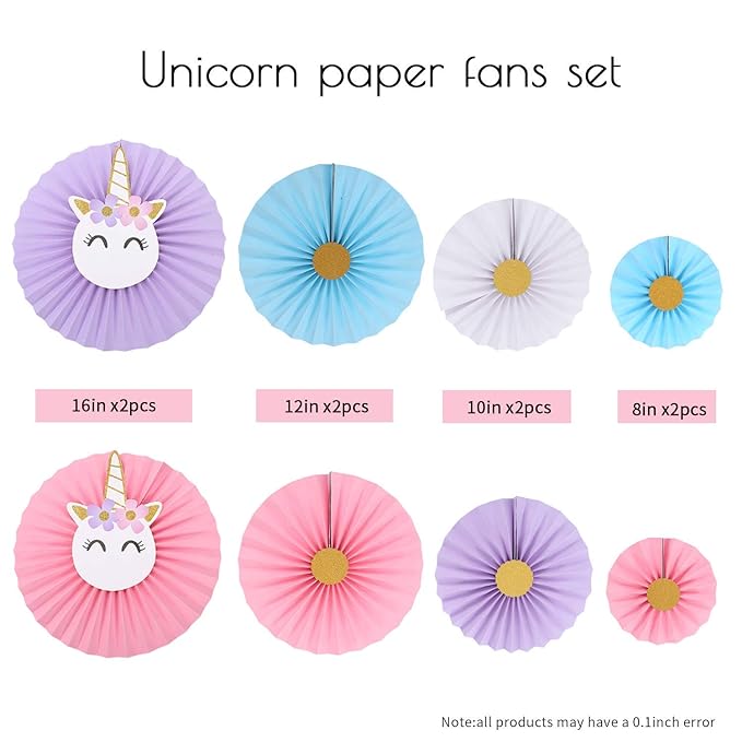 Party Propz Unicorn Party Hanging Paper Fans Decoration Set for Wedding Birthday Party Baby Showers Round Events Accessories Set of 8 (Multicolor)