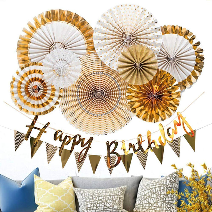 Party Propz Birthday Decoration Items For Husband,-10Pcs/ Gold Paper Fan Hanging Decorations Set with Gold Happy Birthday Banners and Pennant Banner for Bday Decorative Supplies Materials