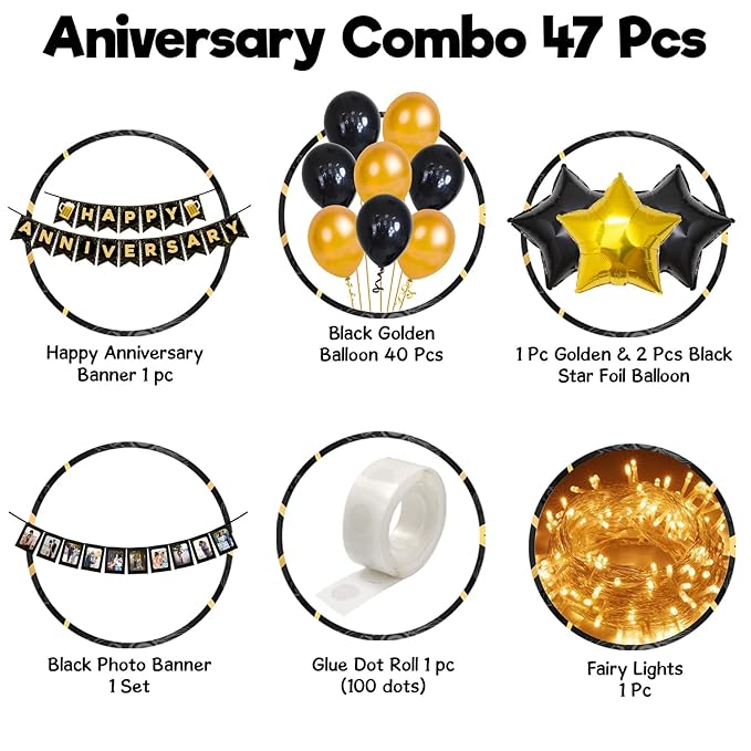 Party Propz Happy Anniversary Decoration Items With Led Fairy Light - 47Pcs Combo with Anniversary Banner (cardstock), Metallic & Foil Balloons, Golden Foil Curtains - Marriage Decorations Set