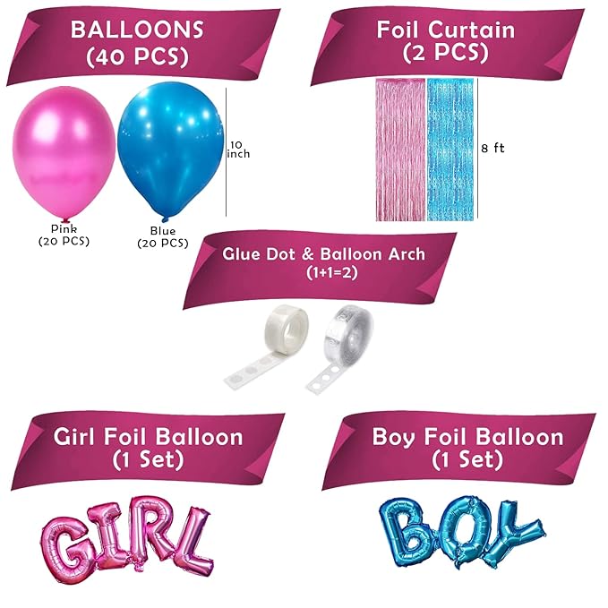 Party Propz Baby Shower Decoration Items- 51Pcs Baby Shower Decorations/Baby Shower Foil Balloons, Foil Curtains, Metallic balloons, confetti balloons, balloon arch, glue dot for Party Decoration