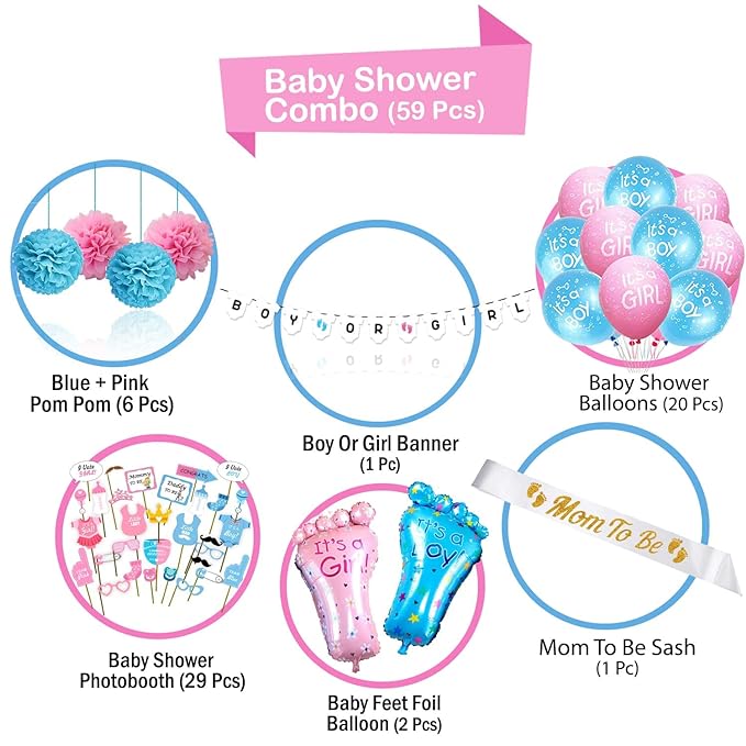 Party Propz Baby Shower Decoration Items Set - 59Pcs Banner, Balloons, Photo Booth Props, Sash - Baby Shower Decorations Materials for Mom to Be Maternity Photoshoot - Home KIT