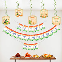 Party Propz Independence Day Decoration Kit – 6 Pcs 15 August Decoration Set with 2-in-1 Reversible Independence Day & Republic Day Banner and Swirl Hangings (Cardstock)