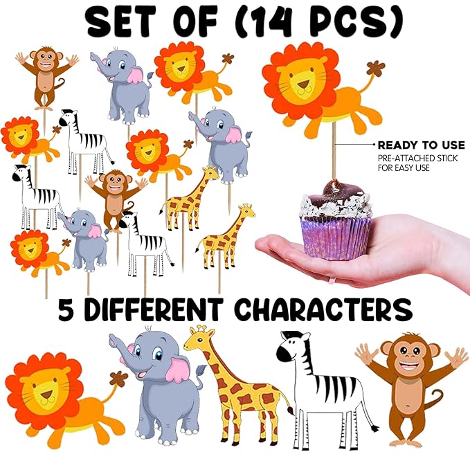 PARTY PROPZ JUNGLE THEME CUPCAKE TOPPERS CAKE DECORATION SUPPLIES 14 PCS