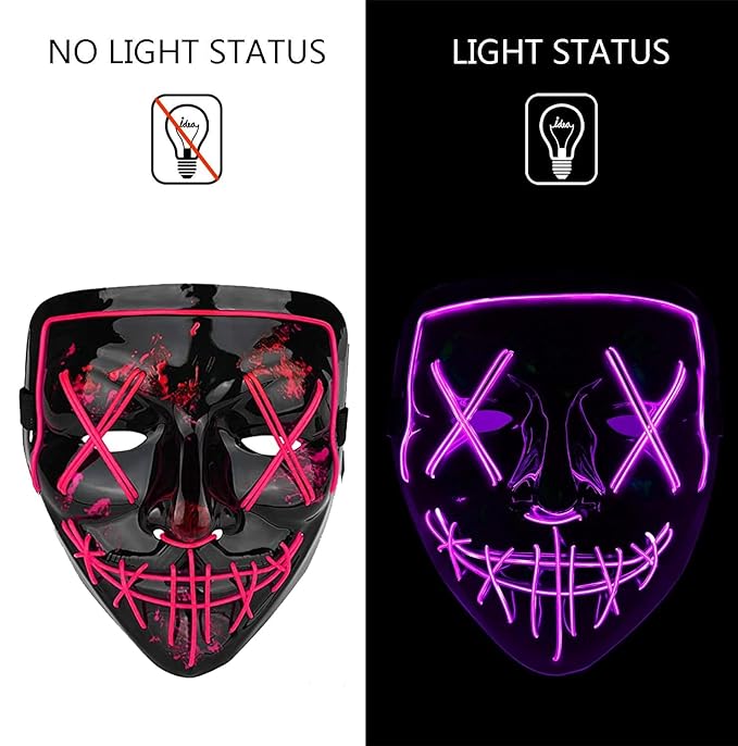 Party Propz Led Light up Ghost Mask - Joker Mask for Men | Radium Mask for Men | Call of Duty Ghost Mask | Neon Light Hacker Mask | Money Heist Full Face Mask | Red Criminal Mask | Masquerade Mask for Men (Pink)