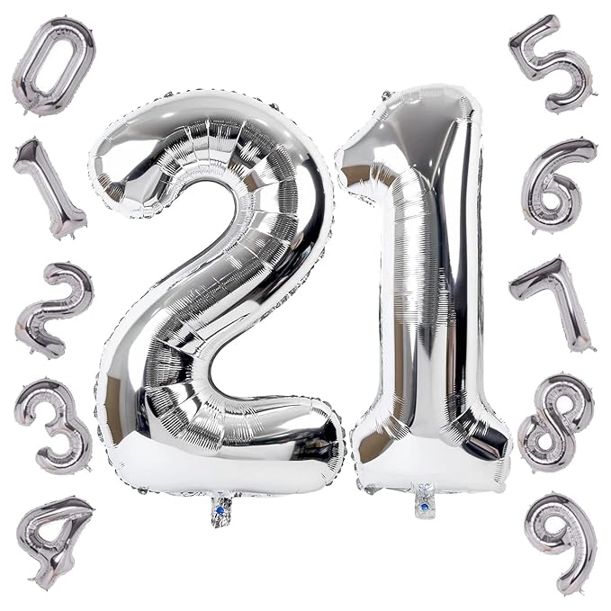 Party Propz Large 21 Number Foil Balloon - 16 Inch Silver Foil balloons for 21st Birthday Decoration items | Anniversary Decoration items | Balloon Decoration | Number Balloons for Party