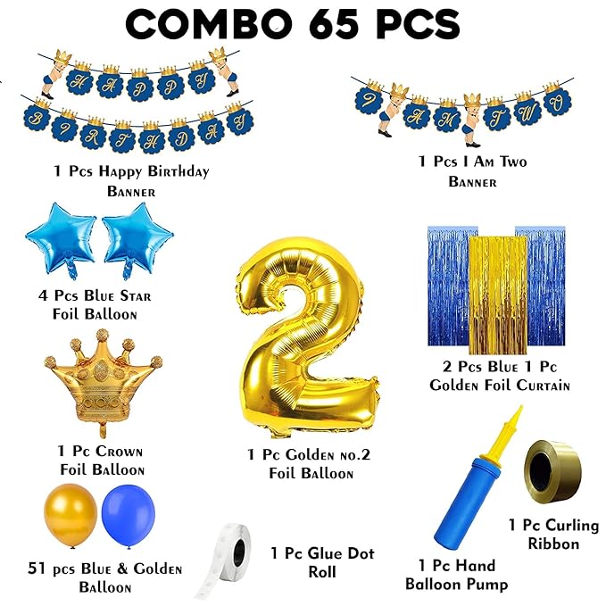 Party Propz Prince Theme 2Nd Birthday Decorations For Baby Boy Combo-65Pcs Items Set For 2 Years Birthday Decorations For Boy-2Nd Birthday Decorations|Birthday Decorations Kit For Boys