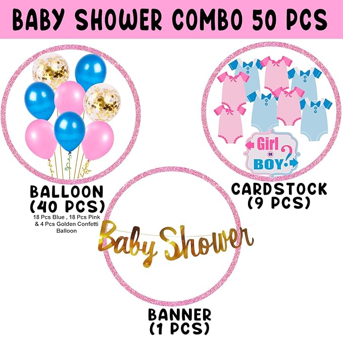 Party Propz Baby Shower Decoration Items - Combo Of 50 Pcs Mom To Be Dad To Be | Baby Shower Banner | Baby Shower Balloons | Baby Shower Party Decoration | Mom To Be Sash For Baby Shower