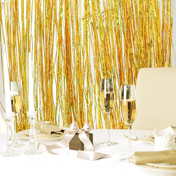 Party Propz Golden Striped Foil Curtain For Decoration - Pack Of 2 | Golden Foil Curtain Large For Decoration, Foil Curtain | Birthday, Anniversaries, Baby Shower, Engagement, Sheer