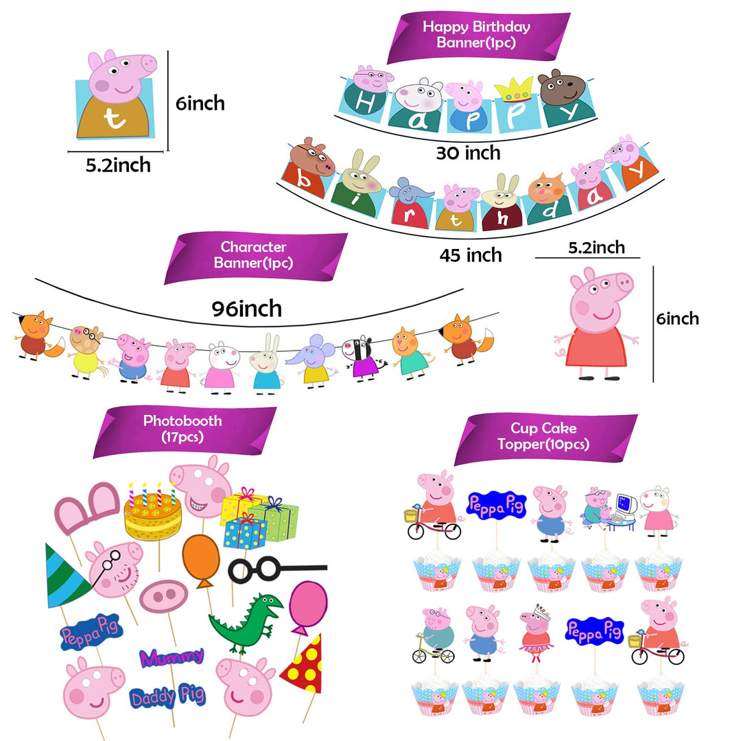 Party Propz Peppa Theme Birthday Decoration-Big 29 Pcs|Peppa Theme Birthday Decoration Items|Happy Birthday Banner(Cardstock)|Cake Toppers For Cake Decoration|Photobooth Props|Pig Characters Banner