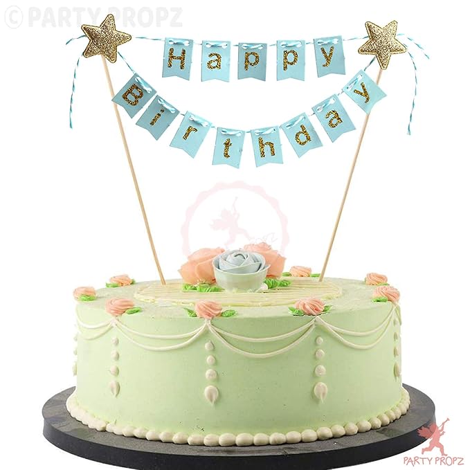Party Propz Blue Happy Birthday Cake Topper with Golden Glitter Alphabets, Exclusive Toppers Item kit for Boys, Husband, Kids,Babies Bday Cakes Decorations/Party Supplies/Bday Decor/Cake Accessories