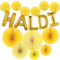 Haldi Decoration Set – 13 Pcs with Paper Fans, Pom Poms & Haldi Foil Balloon