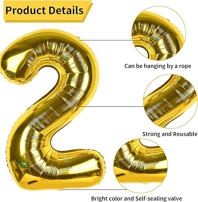 Party Propz Number 2 Foil Balloon - 32 Inch gold Foil Balloon for Birthday Decoration items | Anniversary Decoration items | Balloon Decoration | Number Balloons for Party