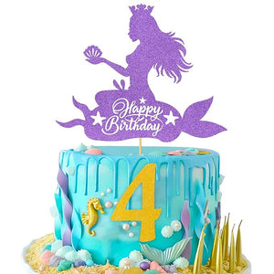 4th Birthday Mermaid Cake Topper - Set of 2Pcs Mermaid Theme Birthday Decorations | Happy Birthday Cake Topper | 4th Birthday Decorations for Girls | Cake Toppers For Cake Decoration Items