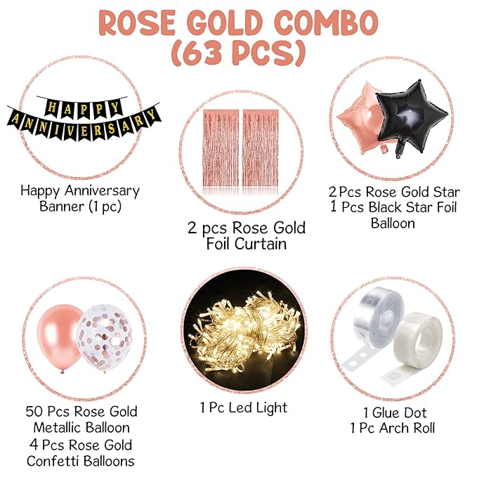 Party Propz Happy Anniversary Decoration Items Kit - 63Pcs Rose Gold Wedding Anniversary Decoration Items|Happy Anniversary Banner|Anniversary Decoration For Couple,Boyfriend,Husband,Wife,Girlfriend