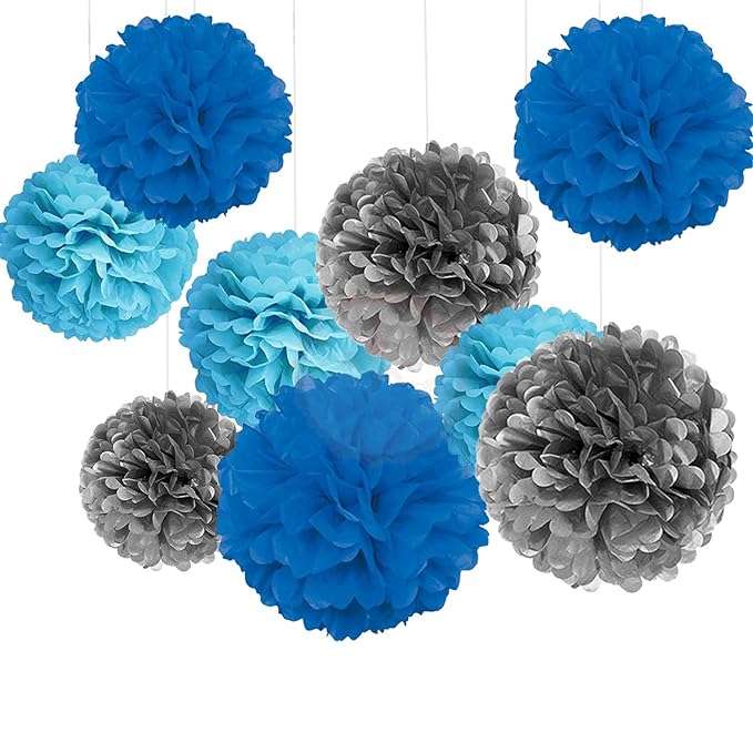 Party Propz Paper Pom Pom for Decoration 10 Inches Set of 9 Pcs (Silver, Light Blue & Dark Blue)