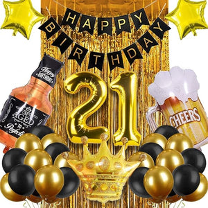 Party Propz 21st Birthday Decorations Set -33Pcs Golden Black Combo Kit | 21 Happy Birthday Banner (cardstock), Foil Curtain, Crown, Star,Metallic Balloon for Girls and Boys 21 Balloons Birthday Decor