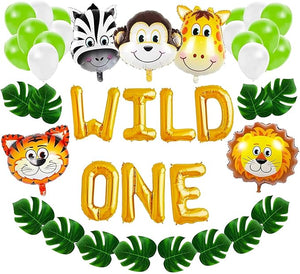 Party Propz Rubber 44 Pcs Jungle Theme Wild One First Birthday Balloon Decoration Combo For 1st Theme Bday Party Banner Decoration Set - Multicolor