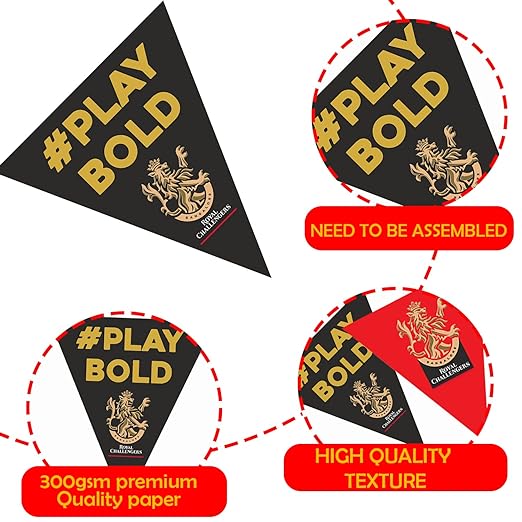 Party Propz Ipl Theme Decoration For RCB - 59 Pcs Royal Challengers Bangalore Theme Pennant Banner And Ipl Photo Booth Props | RCB Flag 2024 IPL | Bunting For Decoration | Paper Flags Decoration