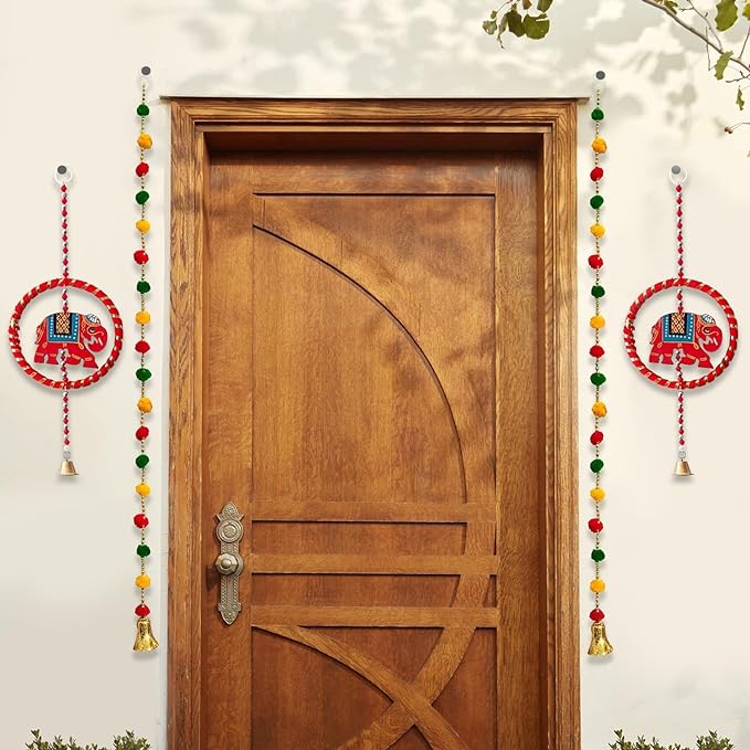 Party Propz Elephant Hangings for Home Decor - 4Pcs Pom Pom Hangings for Decoration | Handmade Wall Hanging Decor | Latkan for Home Decoration | Door Hangings | Rajasthani Traditional Hanging Decor