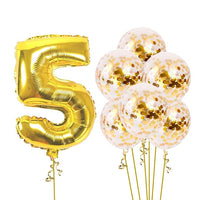 Party Propz Number 5 Golden Foil Balloon With Confetti 7Pcs Combo For Birthday Or Anniversary Party Decoration