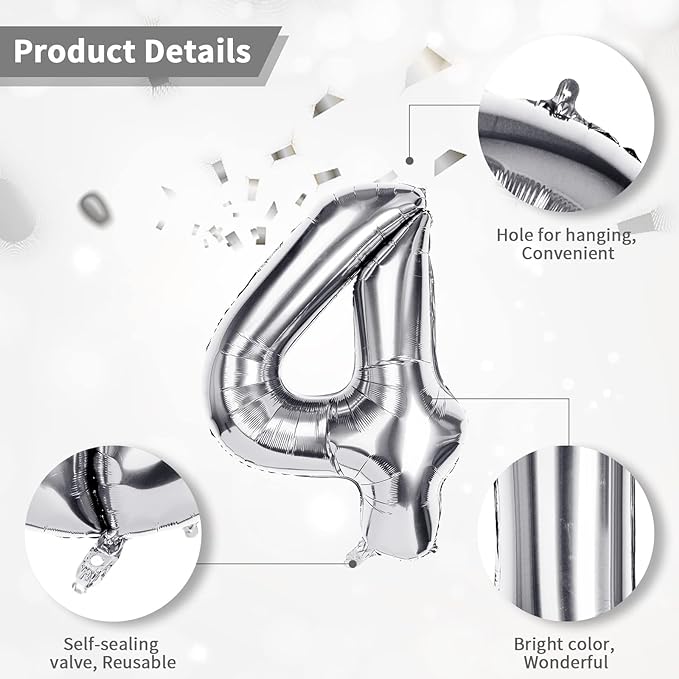 Party Propz Large 4 Number Foil Balloon - 16 Inch Silver Foil balloons for 4th birthday decorations | Anniversary Decoration | Balloon Decoration | Fourth Birthday Balloons, Anniversary Balloon