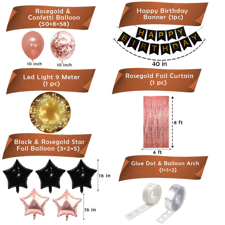 Party Propz Rose Gold Birthday Decoration Kit-Set Of 69 Pcs Happy Birthday Decoration Items|Happy Birthday Confetti Rubber Balloons|Birthday Decoration For Wife|Happy Birthday Black Banner(Cardstock)