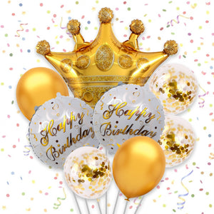 Golden Birthday Balloon Set with Crown & Confetti – 8 Pcs (Foil & Latex)